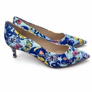 Avon Blue Butterfly Print Pointed Toe Kitten Heels